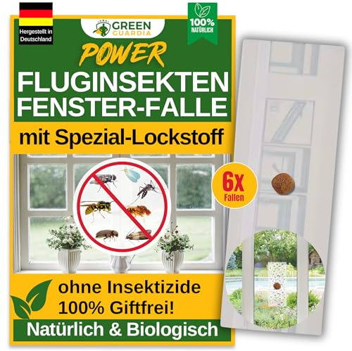 GREEN GUARDIA Fluginsekten Fenster-Falle mit Spezial-Lockstoff - 6X Fallen - umweltfreundlich Fluginsekten bekämpfen, Chemiefreie Falle mit starker Klebefläche, giftfrei & geruchsneutral