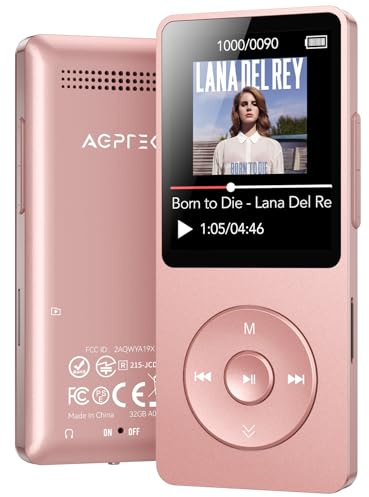 AGPTEK MP3 Player, Portable MP3 Player with Bluetooth 5.3, 32GB Music Player with 1.8 Screen, Built-in Speaker,FM Radio,Voice Recorder, Supports 128GB Expandable Storage, Pink(No Headphones Included)