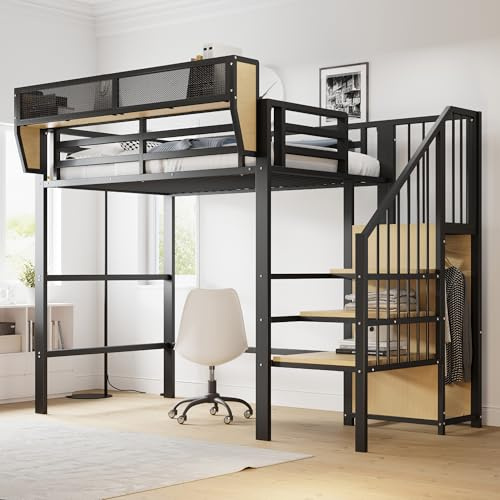 Soweiz Letto a castello per bambini, letto a soppalco con scala di sicurezza e vano portaoggetti flessibile, letto in metallo, letto per adulti, ringhiera di sicurezza con spazio (nero, 90 x 200 cm)