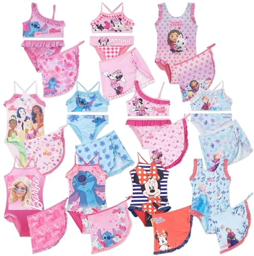 SUN CITY - Costume de plage fille 2 ou 3 pièces avec paréo ou jupe - Bikini ou ensemble - Ensemble d'été inspiré par des personnages de dessins animés, Cages roses entières Pareo 0803, 5-6 ans