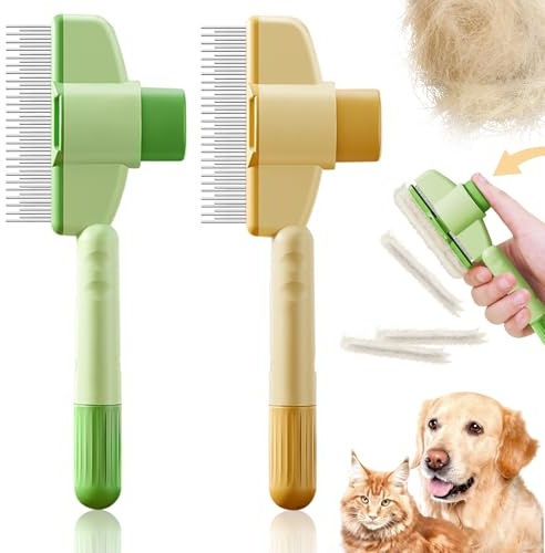 Healife Flohkamm Set für Hunde und Katzen, 2 Stück, Selbstreinigender Pflegekamm mit Bürste, Grün + Gelb