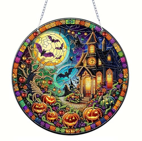 Halloween Diamond Painting Schloss Fensterbilder, DIY Herbst Diamond Painiting Anhänger Für Fenster Hängend Halloween Deko, Diamant Malerei Türkranz Herbst Mosaik Bastelset Halloweendeko (C)