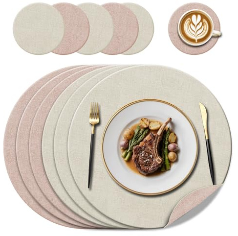 Juego de 6 Manteles Individuales(38cm) de Piel Sintética, Rosa/Crema | Doble Cara, Resist. al calor 100°C, Antideslizantes y de Limpieza Fácil, para Mesas de Vidrio/Madera/Mármol, Jardín Exterior