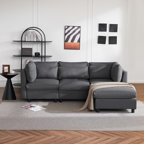 Kebnor Modernes Design, Polstermöbel, Sofa, Dreisitzer-Sofa, Wohnzimmersofa, Ecksofa mit Fußhocker, L-förmiges Ecksofa (Grau)