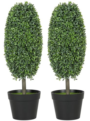 HOMCOM 2er-Set Künstliche Buchsbaum 60 cm Kunstpflanze im Olivenform, künstliche Pflanzen im Topf, UV-beständig Kunstbaum Fake Plant wie echt Dekoration für Wohnzimmer Schlafzimmer Outdoor