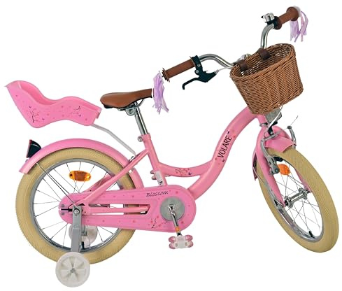 Volare Blossom Kinderrad Mädchen, 12-14-16-18 Zoll, 3-7 Jahre, Rücktritt | Abnehmbare Stützräder, Puppensitz, Frontkorb, Verstellbarer Sattel