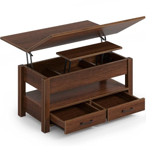 Rolanstar Tavolino da salotto regolabile in altezza, con cassetto e scomparto nascosto, tavolino convertibile in tavolo da pranzo, 100 x 50 cm, divano in legno, marrone scuro