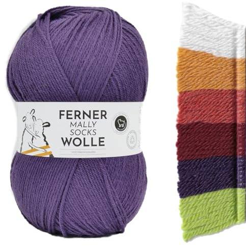 Ferner Wolle Mally Socks Uni, Merino Sockenwolle, Strumpfwolle mit Merinowolle mulesingfrei, Sockengarn 150g 450m Nadelstärke 3-4 mm (M15 - pflaume)