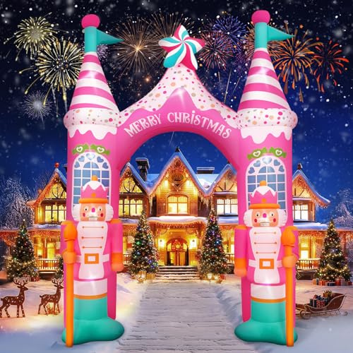 Evoio Cascanueces inflable gigante de 12 pies con luces LED, arco de Navidad rosa estereoscópico, decoración de Navidad al aire libre para patio delantero, entrada, césped, jardín, cuadrado