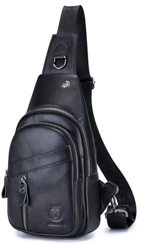 VOPETHOR Echtleder-Umhängetasche Brusttasche Schultertasche für Herren, Sling Bag für Handy, Seitliche Tagesrucksack, Schwarz