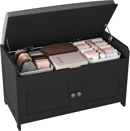 HOME BI Shoe Bench, Storage Bench with Padded Seat Cushion, Bench with 2-Door Storage Cabinets,Shoe Cabinet for for Entry, Bedroom, Cloakroom, Living Room and Hallway,Black