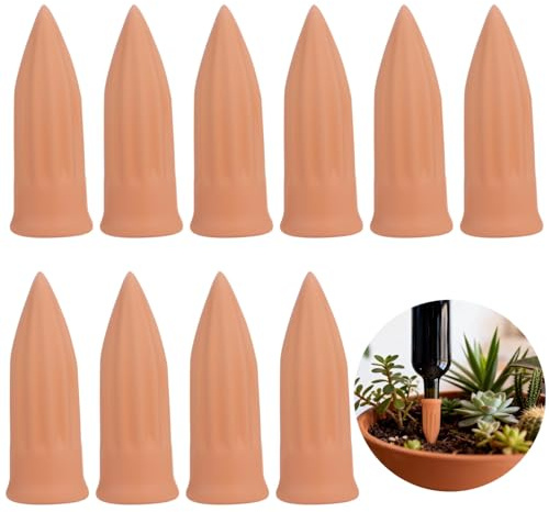Calolin 10 Pcs Plant Watering Devices, Vacation Automatic Ceramic Waterers for Wine Bottles, Terracotta Self-watering Stakes for Indoor Potted Plants