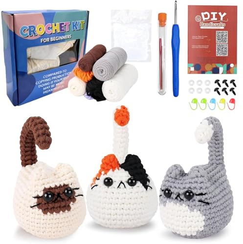 Bcuuozeeing Heckel Set, Häkelset für Anfänger, Erwachsene Kinder Häkelnadel Set für Anfänger, Häkelset Tiere, Crochet Set, Drei Süße Gehäkelte Katzen - Wunderbar Kreative Geschenke