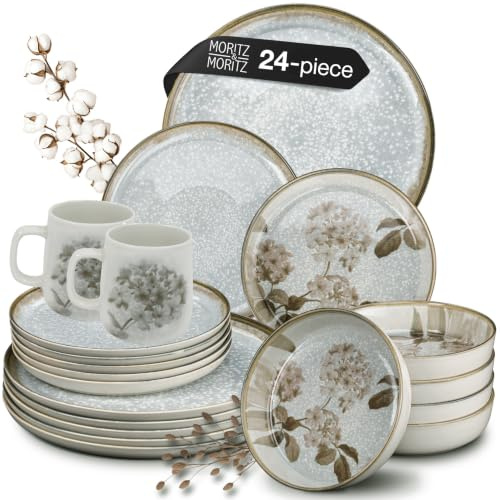 Moritz & Moritz BLOSSOM Porzellan Geschirrset 6 Personen 24-tlg. - Modernes Tafelservice mit verspieltem Design - Pflegeleichtes Kaffeeservice mit Teller Set, Schüsseln & Tassen - Kombiservice
