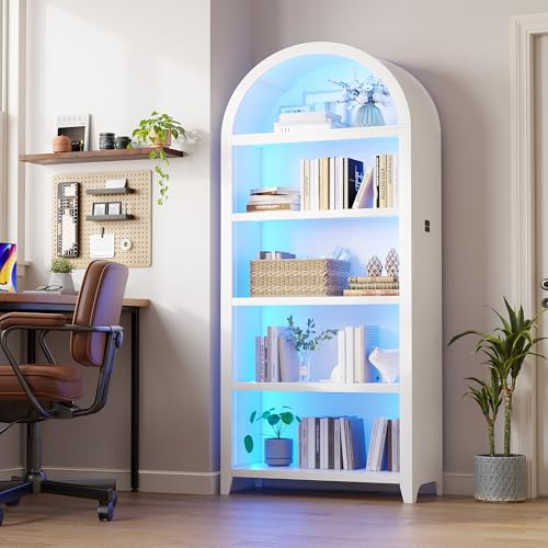 OUTDOOR DOIT Bücherregal mit LED Beleuchtung - Vitrinenschrank mit Intelligente Sensorik,175 cm Gewölbte Vitrine 5 Lagen Sammlervitrine für Wohnzimmer,Schlafzimmer Büro,Studie,Weiß