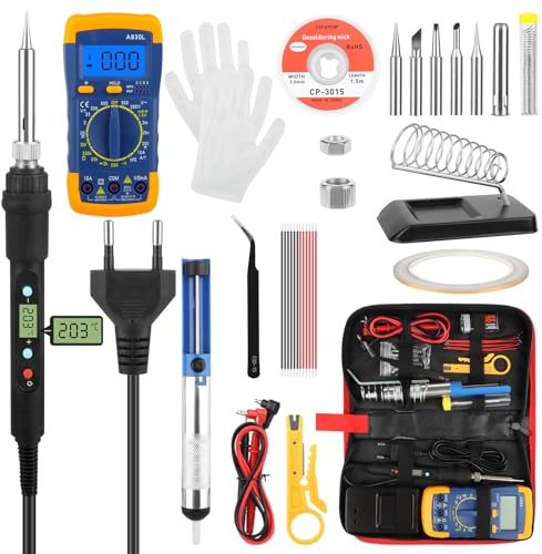 JOPHEK Soldador Estaño 60W, Temperatura Ajustable 200℃-480℃ Kit Profesional 20 en 1, 5 Pcs Puntas Diferentes, Soporte, Pinzas Antiestáticas para soldador, Reparación
