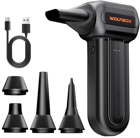 WOLFBOX MF60 Compressed Air Duster-110000RPM Super Power Electric Air Duster, 3-Speed Adjustable Rechargeable Cordless Air Blower with Fast Charging for PC Keyboard Cleaning, Car, Home, 5 Nozzle