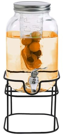 Crystals 4L Glass Water Drinks Dispenser with Tap – Wide Mouth Beverage & Juice Server with Metal Stand and Wire Handle, Leak-Proof Vintage Style Drink Jar for Parties, Events & Home Use