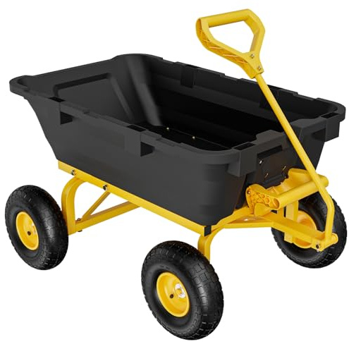 Bonnlo Schubkarre 4 Räder mit Kippfunktion,Schwerlast-Kippwagen, 363 kg Tragfähigkeit, Schnellverschluss-Kippwagen, Gartenwagen für Garten, Hof und Strand,105 * 66 * 82CM,Gelb und Schwarz