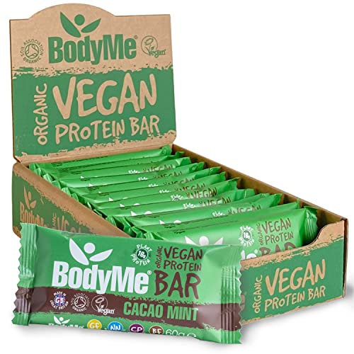 BodyMe Organic Vegan Protein Bar | Raw Cacao Mint | 12 x 60g Protein Snack Bars | Gluten Free | 16g Complete Protein | 3 Plant Proteins with All Essential Amino Acids | High Protein Vegan Snacks