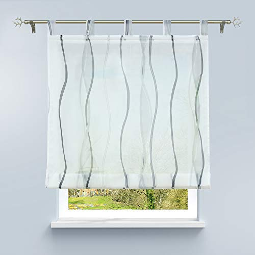 HongYa Raffrollo mit Wellen Druck Transparenter Voile Raffgardine Vorhang mit Schlaufen H/B 140/120 cm Weiß Silber