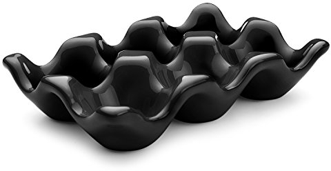 Flexzion Ceramic Egg Holder for Fridge - 6 Cups Egg Tray Half Dozen Porcelain Container Keeper Storage Organizer Decorative Serving Dish Serveware for Refrigerator Countertop Display Kitchen (Black)
