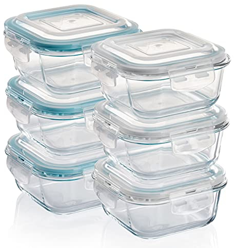 Grizzly Glas Frischhaltedosen, Set 6x 520 ml, luftdicht, quadratisch, Click-Verschluss, vielseitige Vorratsdosen für Ofen, Mikrowelle, Gefrierfach