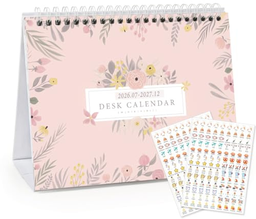 MOKANI Desk Calendar 2026-2027, Small Standing Desktop Calendar (Jul.2026-Dec.2027), Academic Monthly Planner with 234 Stickers and Multi-country Holidays Marked- 20.5 X15cm