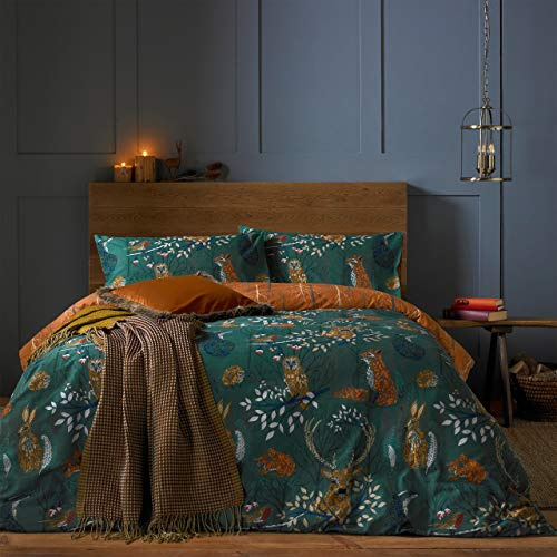 furn. Forest Fauna Woodland Duvet Set – Reversible Nature Inspired Bedding with Animal Print, Soft Polycotton, Machine Washable (Emerald – Super King)