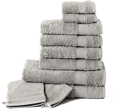Komfortec 10er Handtücher-Set, 4er Handtuch 50x100 cm, 2X Duschtücher 70x140 cm, 2X Gästehandtücher 30x50 cm und 2X Waschlappen 16x21 cm, 100% Baumwolle, Frottee, Weich, Silber