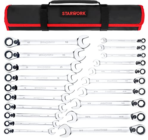STARWORK True Mechanic™ 20 Pc. Reversible Ratcheting Combination Wrench Set, Non-Slip, Long Pattern, SAE, Metric, Professional, with Portable Roll-Up Pouch Bag