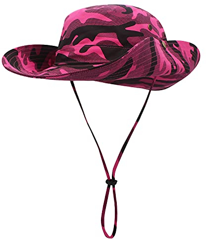 Damen Herren Outdoor Sonnenschutz Bucket Hut Fischerhut Baumwolle Two Way to Wear für Kopfumfang 55-62 cm Rosa Camouflage