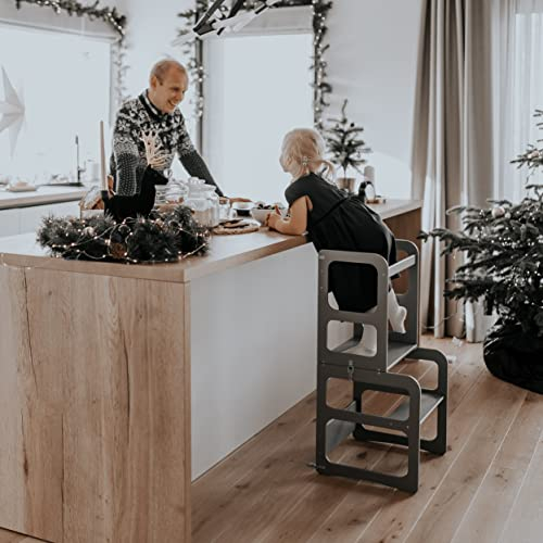 Lernturm, Küchenturm und Tisch, Küchenstuhl für Kinder, Montessori Küchenturm, Kitchen Helper (Grau)