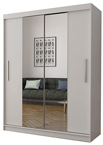 Fabryka Mebli Idźczak Kleiderschrank mit Spiegel, Schiebetüren - Weißer Schwebetürenschrank, Schlafzimmerschrank - ‎61 x 150 x 200 cm - Schrank für Schlafzimmer, Ankleidezimmer, Garderobe
