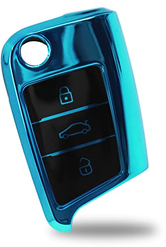 Autoschlüssel Hülle für 3 Tasten Auto Schlüssel TPU Schutzhülle Chrom Hochglanz Schlüsselhülle Cover Kfz Zubehör VB (Chrom Blau)
