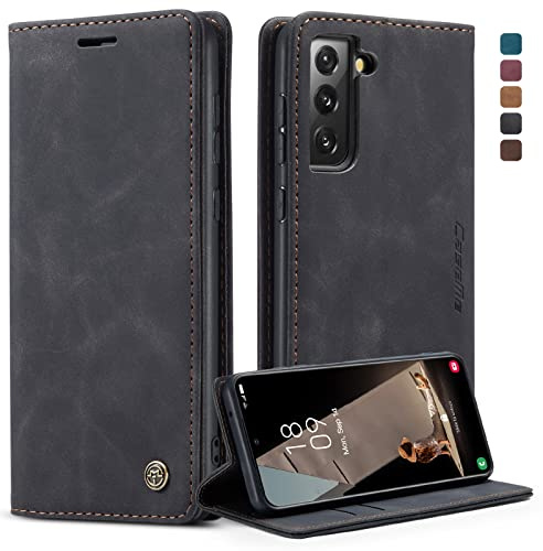 CaseMe für Samsung Galaxy S21 FE Hülle, Magnet Leder Klapphülle Stoßfest | Retro PU Leder, 2 Kartenfach, Standfunktion, Schutzhülle, Flip Case, Handyhülle für Galaxy S21 FE 5G 6,4'', Schwarz