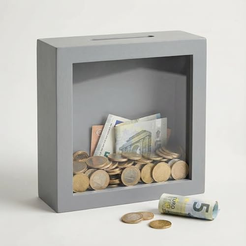 MIJOMA Spardose aus Holz mit Glasfront – dekorativer Sparrahmen für Geldgeschenke zu Hochzeit, Geburtstag, Reise & mehr – kreative Geldbox (Blanko - grau, 15 x 15 x 5 cm)