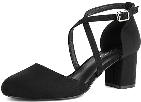 Greatonu Damen Pumps Riemchenpumps Spangenpumps Sandale mit Kreuz Knöchelriemen Blockabsatz Geschlossener Spitze Glitzer Pumps - Perfekt für Hochzeiten und Partys Schwarz 39 EU