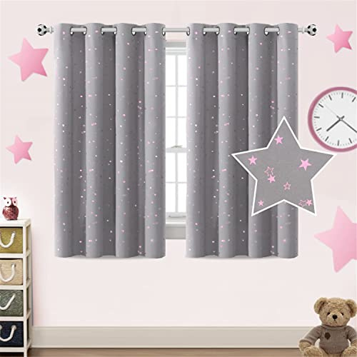 LINGKY Kinderzimmer Gardinen Jungen Mädchen Vorhang Blickdicht Funkelnde Silberne Sterne Verdunkelungsvorhang 2 Stücke mit Ösen für Kinderzimmer Fenster (Grau/Rosa,2X 132x137cm)