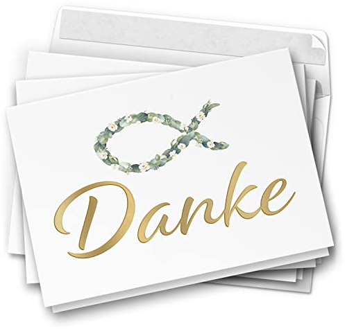 10 Dankeskarten kirchlich - Motiv Blätterfisch edel - moderne Klappkarten mit Umschlägen - Danke sagen nach Kommunion, Konfirmation, Taufe, Hochzeit