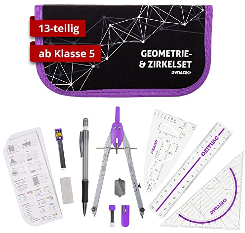 DynaTech Zirkel Set Geometrieset 13-Teilig mit Schnellverstellzirkel, Geodreieck, Parabel, Bleistift, Lineal, Spitzer und Ersatzminen im Etui - praktisches Mathematik-Set inkl. Federmappe (Violett)