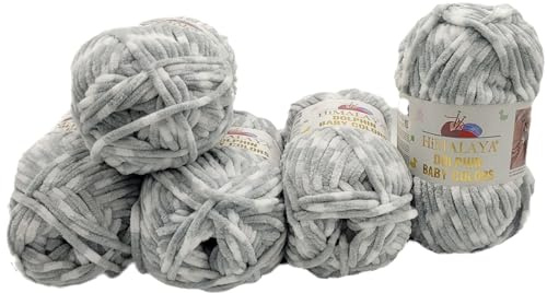 5 x 100 Gramm Himalaya Dolphin Baby Colors Strickwolle Babywolle Mehrfarbig, 500 Gramm Strickgarn super Bulky (grau weiss 80432)