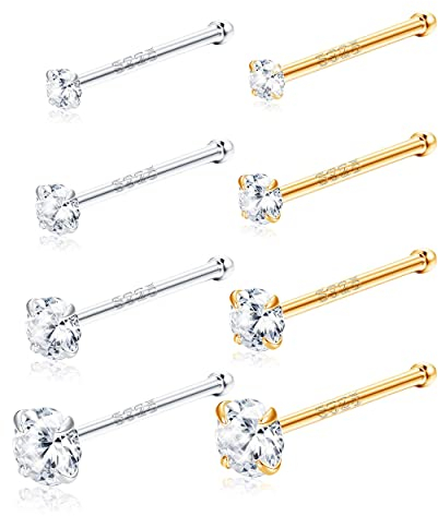 Sllaiss 8 Stücke 20G Nasenstecker 925 Sterling Silber Nasenstecker für Frauen 1.5/2/2.5/3MM Zirkonia Nasenstecker Set Klein Nasenpiercing Weißgold Vergoldet