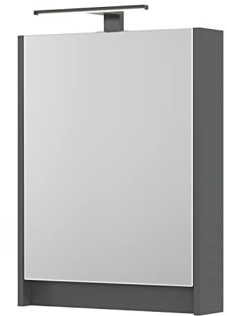 Planetmöbel Spiegelschrank Bad mit Beleuchtung | 50 x 65 x 11,4 cm, grau matt, Badezimmerschrank mit Spiegel und LED Aufbauleuchte