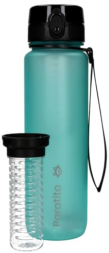 Paratito Trinkflasche mit Fruchteinsatz 1 L spülmaschinenfest, Kohlensäure geeignet, BPA-freies Tritan, Fitness Flasche 1 Liter für Gym, Fahrrad, Wasserflasche mit Geschmack (Fox Bottle türkis)