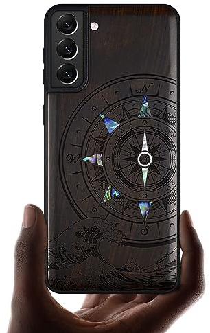 Carveit Designer Wooden Case for Samsung Galaxy S22 Plus Case Cover [Wood Engraving & Shell Inlay] Compatible with Wireless Chargers Galaxy S22 Plus Case (Wave Compass-Blackwood)