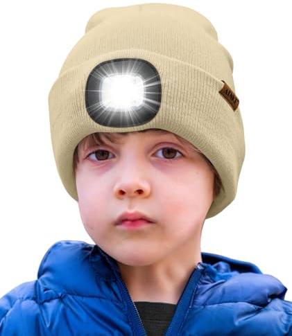 ATNKE Kids LED Beleuchtete Mütze mit Licht,Wiederaufladbare USB 4 LED Laufmütze Extrem Heller Lampe Winter Warme Stricken Mütze Großartig Geschenke für Jungen und Mädchen