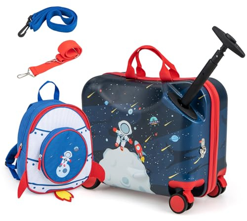 DREAMADE Kinderkoffer zum Draufsitzen, 2 TLG. Kinderkoffer mit Rucksack, Kindergepäck Trolley zum Reisen, Reisetrolley Kinder Trolley Set (Dunkelblau-Astronaut, 18 Zoll +12 Zoll)