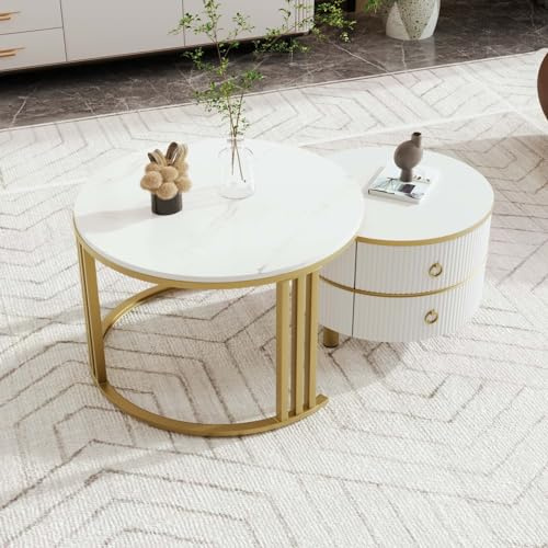 PUGSDRLY Table Basse Ronde Set de 2,Table Salon avec Tiroirs,Motif de Marbre,pour Salon Balcon,Blanc
