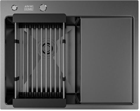 ANW HOME Fregadero Cocina 1 Seno 63x50 cm, Grafito PVD | Sobre Encimera, Con Escurridor, Revestimiento Nano, Grosor 3+1 mm, Con Sifón, Cesta